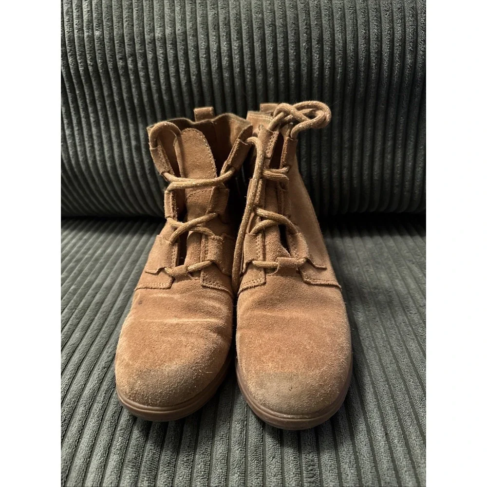 Sorel Womens 6.5 Wedge Boots Ankle Booties Evie Lace Up Suede Camel Brown‎ Tan